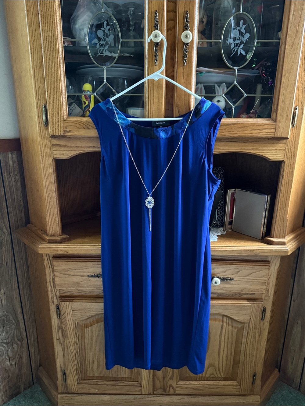 R&M Blue Sleeveless Shift Dress with Decorative neckline, EUC